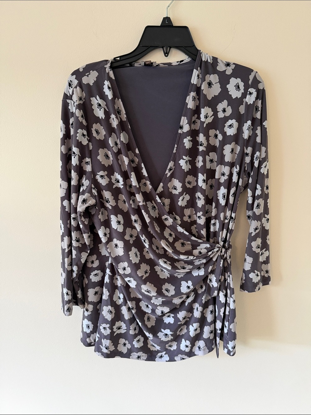 Anne Klein Gray Floral Wrap Blouse